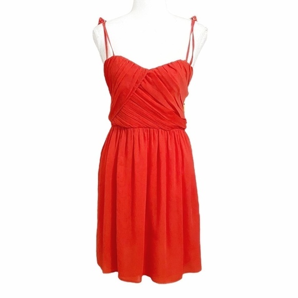The KOOPLES CARDINAL RED SPAGHETTI STRAPS PLEATED FLOWY MINI CHIFFON DRESS - XS - Picture 1 of 10